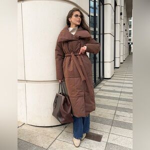 NWT Commense Quilted Long Winter Coat with Belt Brown Size S